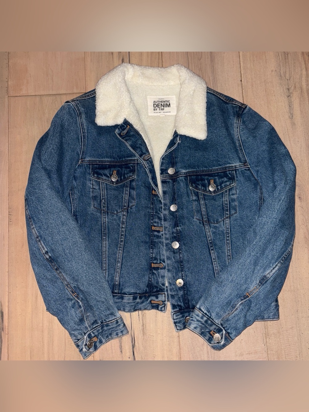 Zara Blue Denim Jacket with White Sherpa Collar